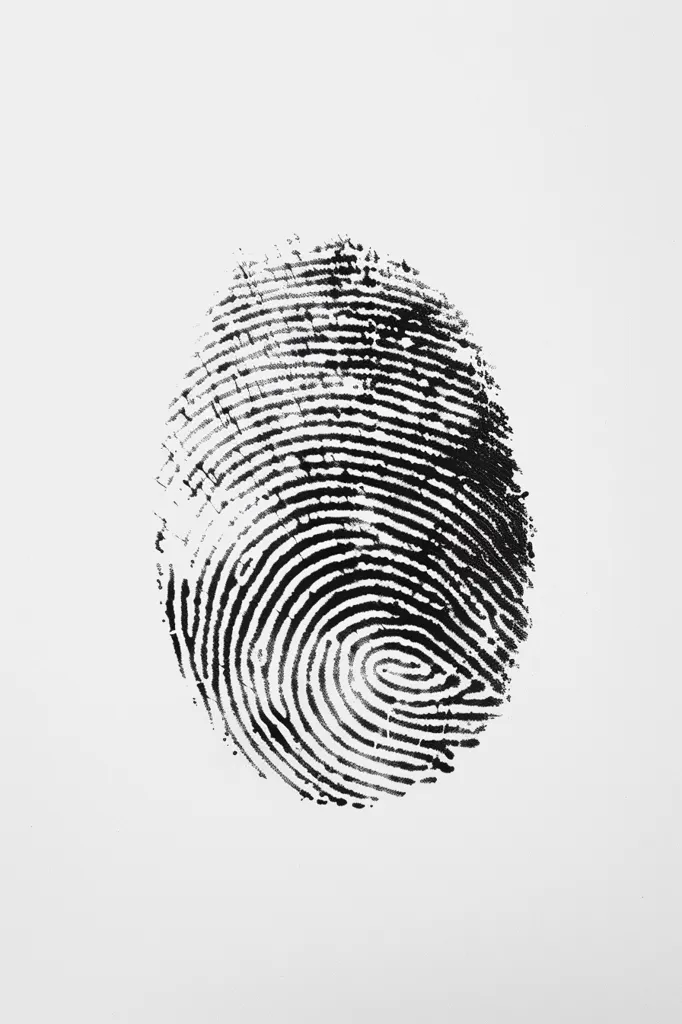 The image shows a black fingerprint on a white background. The fingerprint is a clear and detailed impression, with the swirls and ridges of the skin clearly visible. The fingerprint is centered in the image, with a white border surrounding it. The image is simple, but it is striking in its detail and stark contrast.  The image could be used to represent identity, security, or individuality.