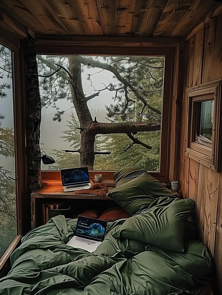 A cozy treehouse bedroom with a large window overlooking a misty forest.  The room is decorated in warm wood tones and has a comfortable bed with green bedding and pillows. Two laptops are open on the bed and a small wooden table, suggesting work and relaxation. The scene evokes a sense of peace and tranquility.  The overall effect is inviting and peaceful, perfect for escaping the hustle and bustle of everyday life.