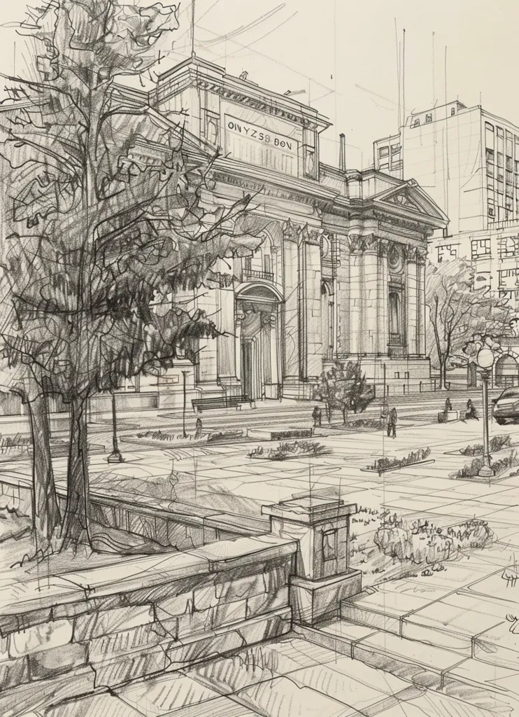 The image depicts a pencil sketch of a large, ornate building with a prominent arched entrance. The building is adorned with classical architectural details, such as columns and pediments.  A large tree stands in the foreground, framing the building. The scene is rendered with meticulous detail, showcasing the artist's skill in capturing the intricate lines and textures of the subject. A cobblestone path leads toward the building, suggesting a sense of accessibility and inviting the viewer to explore. The overall impression is one of grandeur and sophistication, captured in the artist's meticulous use of pencil strokes.