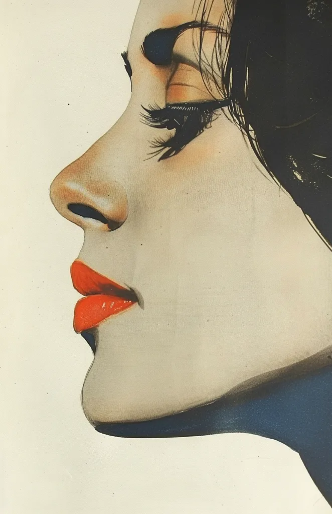 The image is a close-up portrait of a woman's face, drawn in a realistic style. She is looking down and to the left, with her dark hair framing her face. She has long, dark eyelashes and is wearing bright red lipstick. The image is in a muted color palette of beige and white, highlighting the details of her face.  The drawing appears to be on paper.