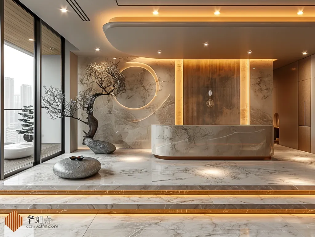 The image shows a modern and elegant lobby with a marble reception desk. The space is lit by warm, ambient lighting and features a decorative wall with a curved design. A bonsai tree adds a touch of nature to the minimalist design. The polished marble floor reflects the light and adds a sense of luxury. The overall feel is one of sophistication and tranquility.