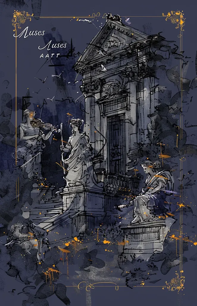 The image is a stylized sketch of a grand, classical building with intricate details, set against a backdrop of a dark blue sky. There are three figures depicted, two women, one playing a violin, standing atop the building's steps. The third figure, a woman, sits on a pedestal in the foreground. The artwork is adorned with splashes of gold paint, adding a touch of whimsy and vibrancy. The title "Muses" is written in a flowing script, hinting at the artistic inspiration the building evokes.