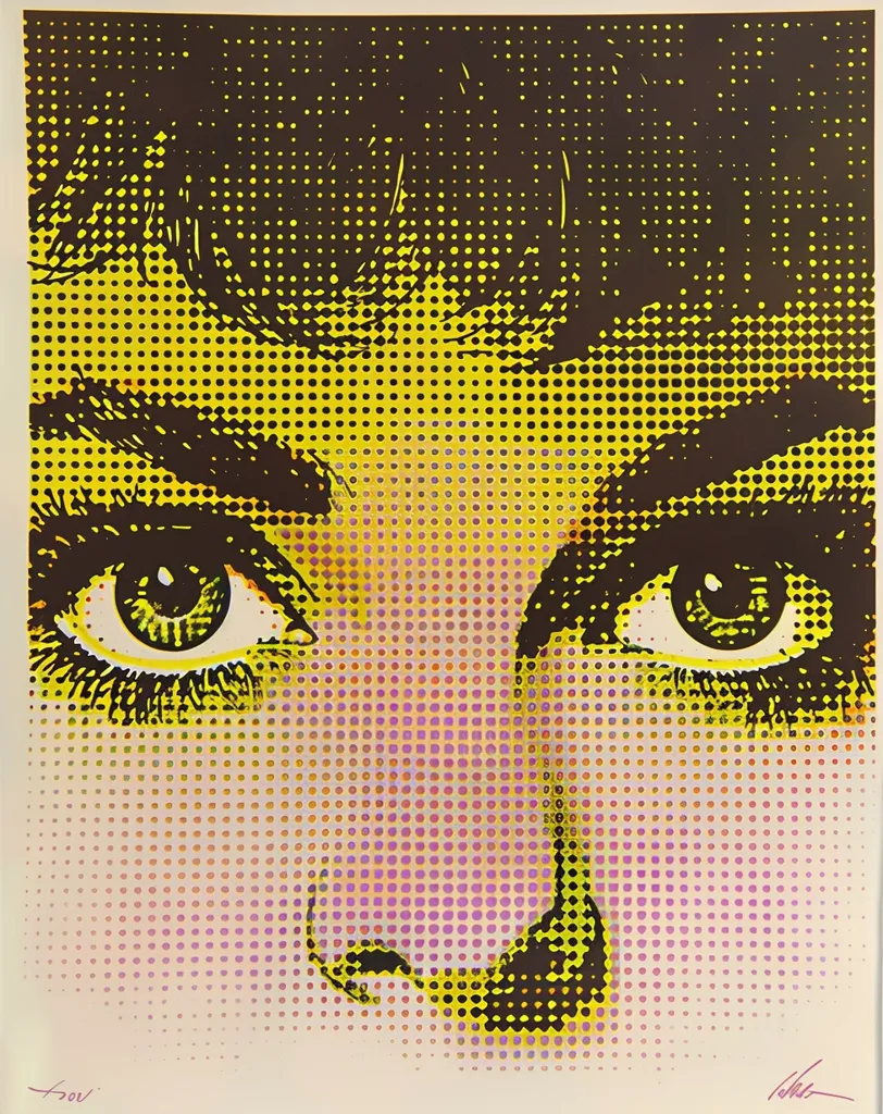 The image is a close-up of a woman's face, rendered in a pop art style. The face is composed of yellow, black, and purple dots, creating a pixelated effect. The woman's large, dark eyes are the focal point, with sharp lashes and green pupils. The lower half of her face is obscured, but a small part of her nose and cheek are visible. The background is a white paper with a faint yellow tint. The image is signed in the bottom right corner.