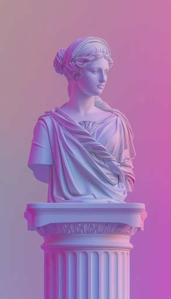 A white marble bust of a woman with a crown, draped in a toga, sits atop a fluted column. The bust's delicate features and flowing drapery are highlighted by a soft pink and purple gradient background, creating a dreamy and ethereal atmosphere. The image blends classical sculpture with a contemporary aesthetic, suggesting a timeless beauty.