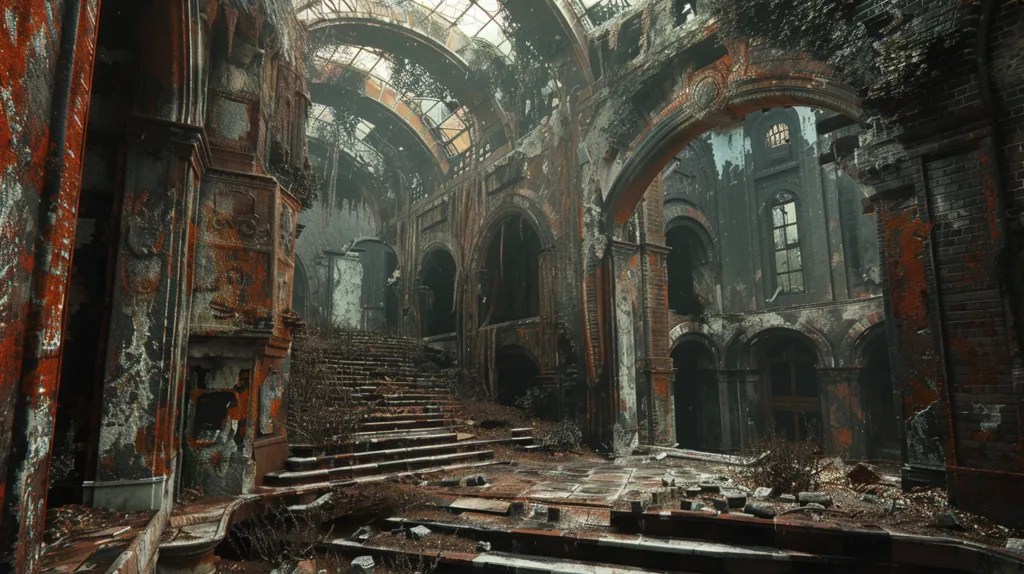 The image shows a crumbling, fire-damaged building. The interior is dark and shadowy, with broken arches, a staircase, and overgrown vegetation. The bricks are charred and the walls are cracked and peeling. The overall atmosphere is one of decay and desolation. The image is a haunting reminder of the destructive power of fire and the passage of time.