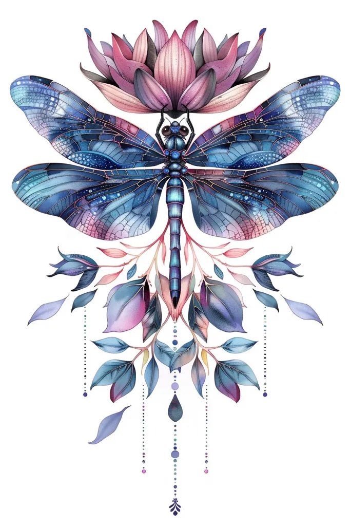 A watercolor illustration of a dragonfly with intricate blue wings, perched atop a pink lotus flower. Delicate blue leaves and vines hang below, adorned with small dots, creating a whimsical and ethereal aesthetic. The artwork evokes a sense of serenity and natural beauty.