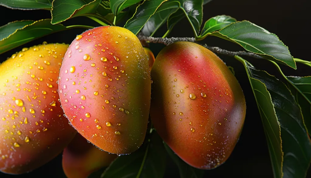 Three ripe mangoes, covered in water droplets, hang from a branch. The mangoes are a vibrant mix of red, yellow and green, creating a beautiful contrast against the dark green leaves and black background. The droplets of water add a sense of freshness and juiciness. The image captures the beauty and abundance of nature, highlighting the simple yet captivating beauty of a fruit.
