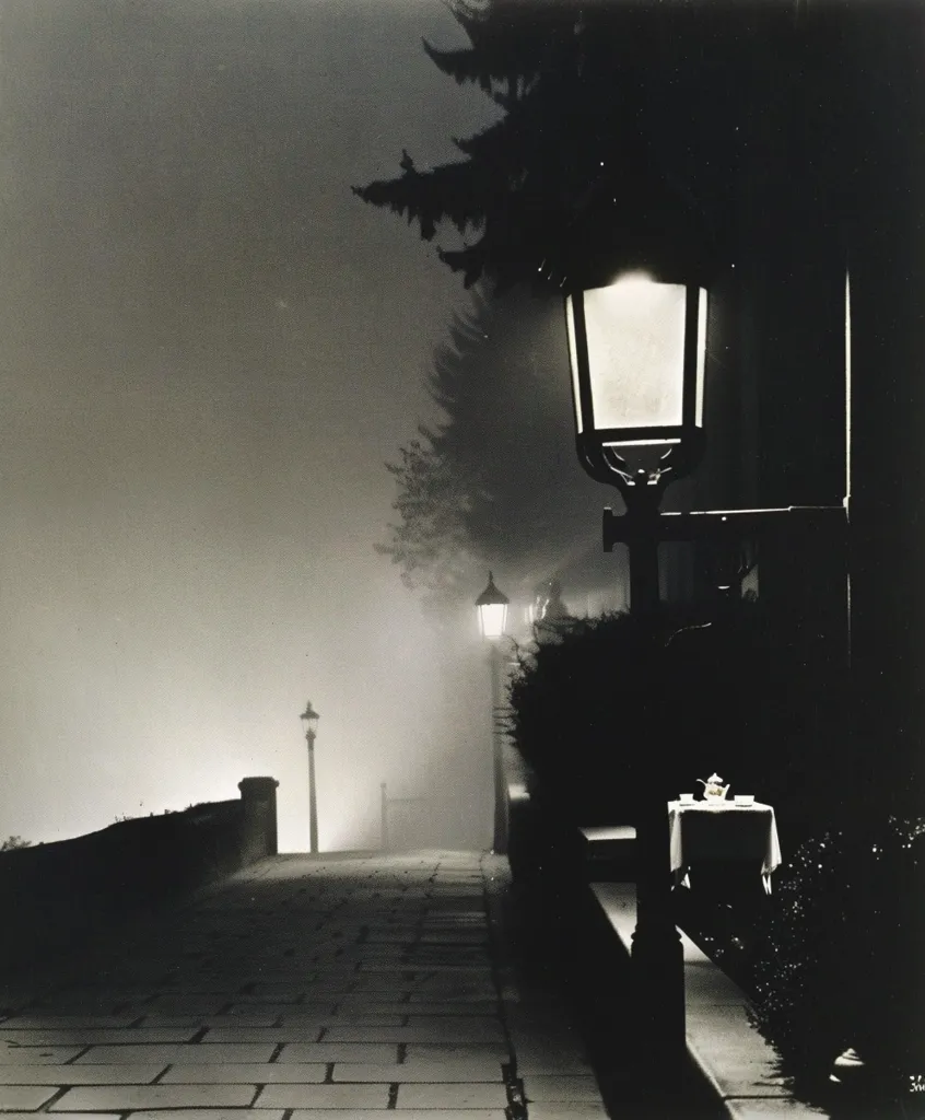 A black and white photograph of a cobblestone path lit by streetlamps, leading away from the viewer into a misty, foggy night. A single table with a teapot and cups sits on the right side of the path, obscured by shadows. The scene is shrouded in a sense of mystery and quiet solitude.