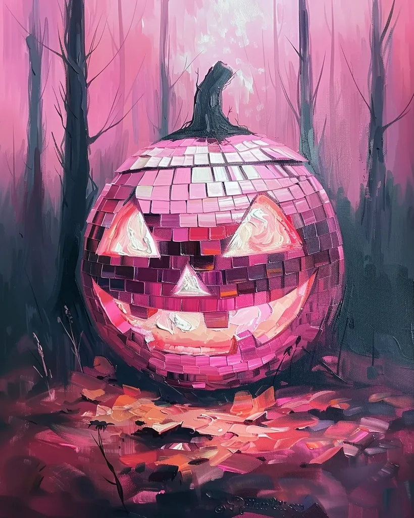 A large, pink, disco ball pumpkin sits in a dark, purple-pink forest. The pumpkin has a wide, toothy grin with glowing eyes. The background is made up of tall, thin trees and faded leaves on the ground. The entire image is painted in a vibrant, abstract style.
