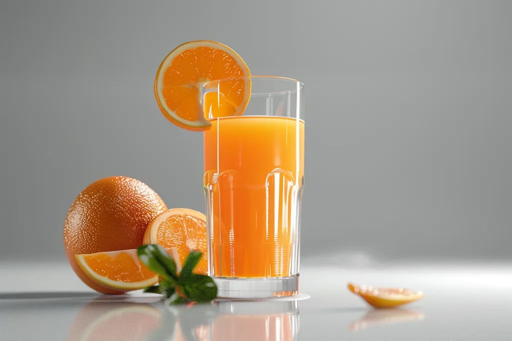 A tall glass of orange juice sits on a white surface, with a half-circle orange slice resting on the rim of the glass.  A whole orange, a half-orange and a quarter-orange lie nearby, and a quarter-orange slice is in the foreground. The background is a plain gray. The composition suggests a refreshing summer beverage.