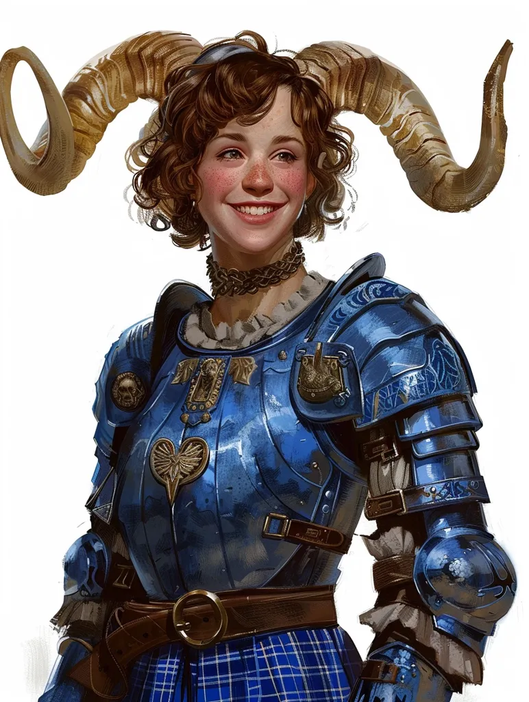 A young woman with curly brown hair and a friendly smile wears a blue suit of armor and a pair of ram horns. The armor is detailed and ornate, featuring intricate designs and straps. She is wearing a kilt beneath her armor, and has a brown leather belt around her waist. Her expression is confident and inviting.  The background is a plain white, highlighting the details of her costume.  The image appears to be a fantasy illustration, perhaps depicting a character from a game or book.