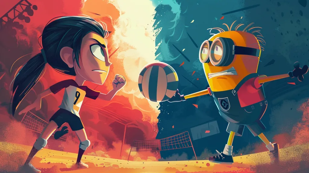 The image shows a stylized cartoon volleyball match between a female player with long black hair and a minion. The female player wears a white and black jersey with the number 9 and is on the right side of the court, which is depicted with a fiery orange background. The minion wears a red and black jersey and is on the left side of the court with a blue and teal background. They are both about to spike the volleyball. The image uses a dramatic and dynamic style with a focus on the players' expressions and movements.