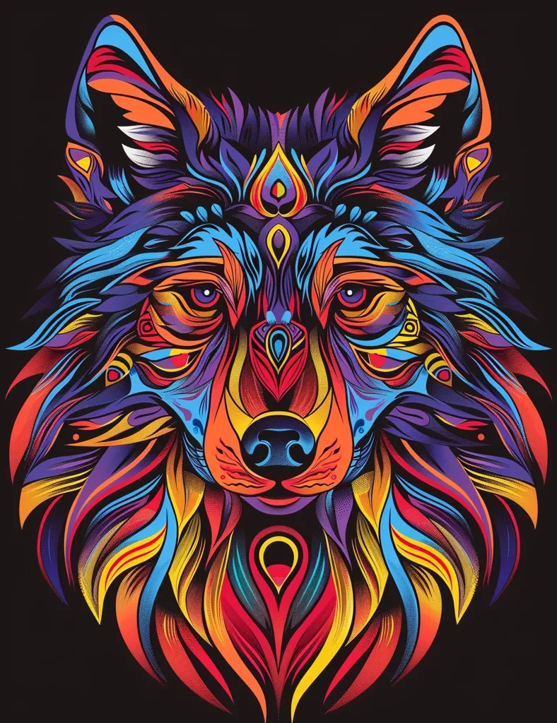 The image depicts a wolf's face in a vibrant, psychedelic style. It's a close-up shot, highlighting the intricate patterns and textures that compose the animal's fur and features.  The dominant colors are blue, purple, red, orange and yellow, creating a kaleidoscopic effect against a dark background. The wolf's piercing eyes are a focal point, adding intensity to the overall design. The style is reminiscent of contemporary art or digital illustration.