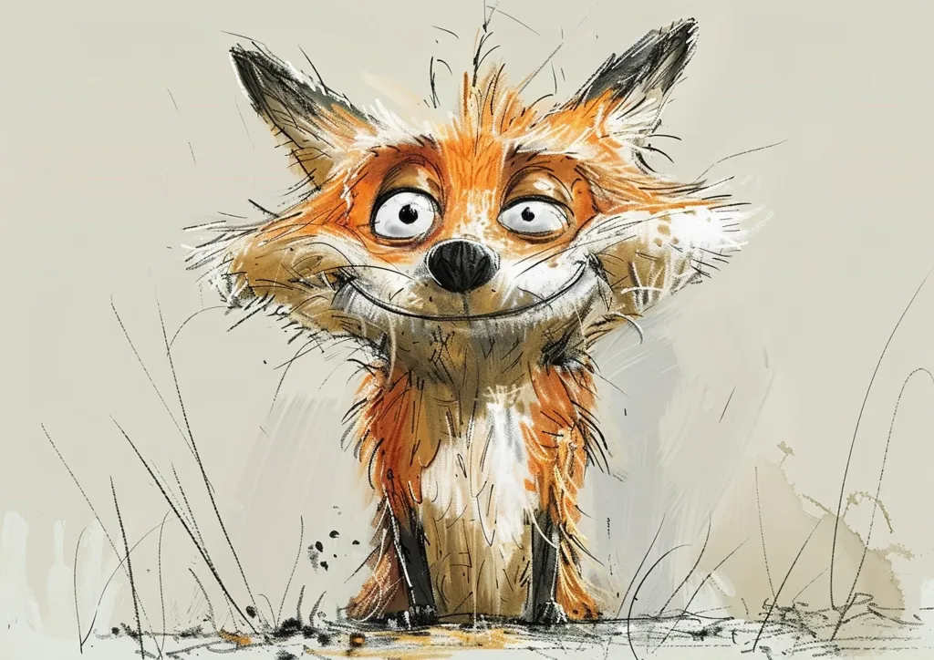 The image is a cartoon illustration of a fox with a wide, toothy grin. The fox has large, expressive eyes and a fluffy, orange tail. It is standing in a grassy area and appears to be looking directly at the viewer. The illustration is done in a loose, expressive style, with visible brushstrokes and a light, watercolor-like background. The overall tone of the image is playful and whimsical.