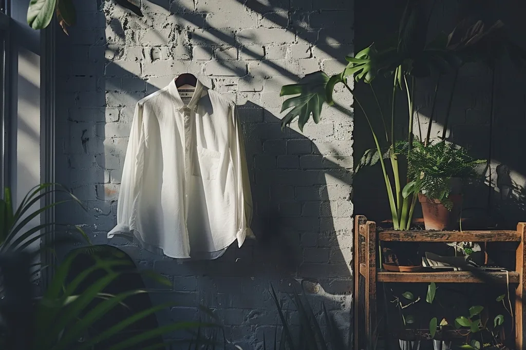 A white button-down shirt hangs on a hanger against a white brick wall. The shirt is in focus, and the background is blurred. There is a window to the left of the shirt, and a plant is visible outside. The wall is partially shaded, with some areas in direct sunlight. To the right of the shirt is a plant in a brown pot, sitting on a wooden shelf. The scene is bright and airy, with a minimalist aesthetic.