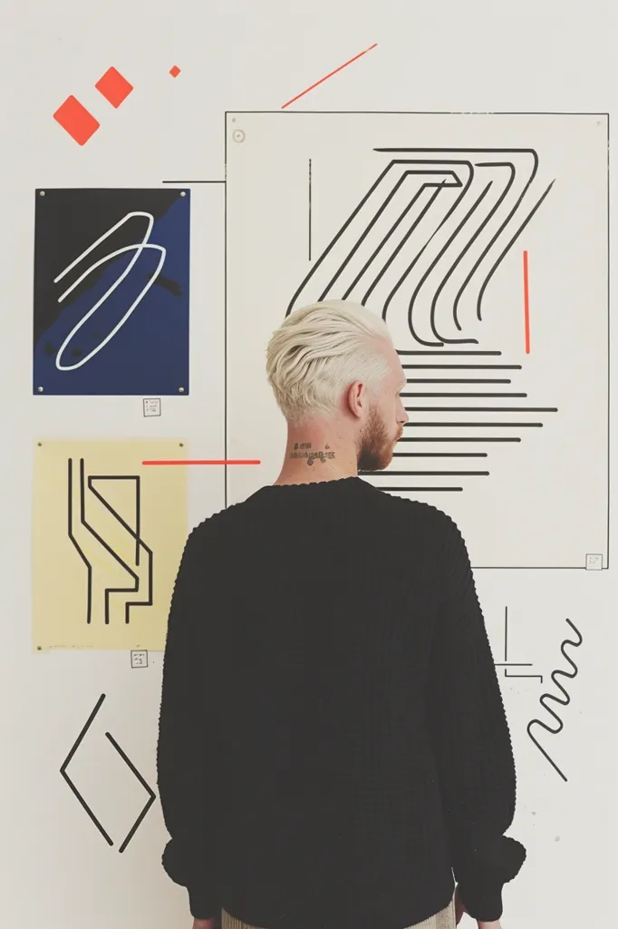 A man with short, platinum blonde hair stands in front of a wall with various geometric abstract art. He is wearing a black sweater and looks off to the side. The art is framed in white, with black and red lines drawn on a white background. There are also some geometric figures drawn in black on the white wall.  The man has a tattoo on the back of his neck.