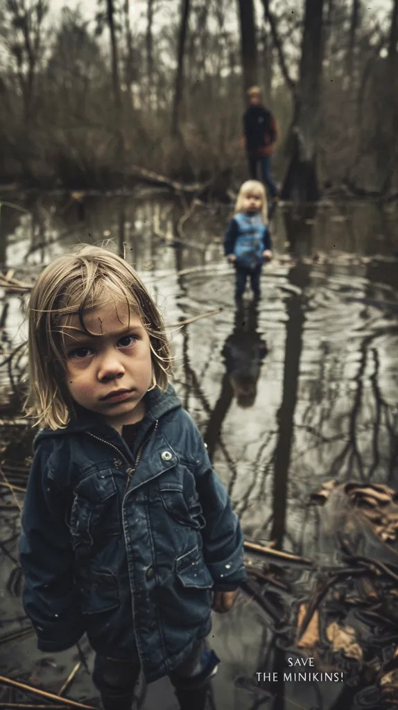 A young boy with short blonde hair and a serious expression stares directly at the camera. He is wearing a blue jacket and standing in a forest with fallen branches and water in the background. Two blurred figures stand further back in the image, one adult and one child, also wearing blue clothing. The image is in a moody, desaturated color scheme and the text "Save the Minikins!" appears in the bottom right corner.
