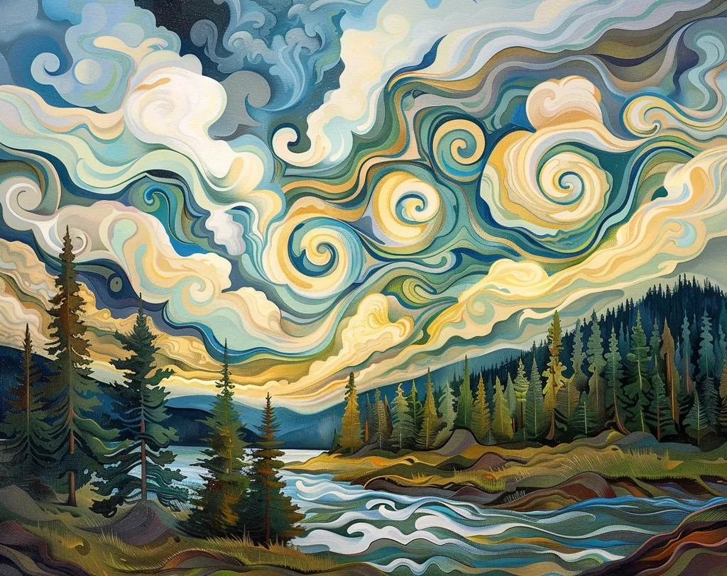 The painting depicts a swirling sky above a forest and river.  The sky is a vibrant blue, yellow, and green, with clouds that appear to be swirling and moving. The forest is made up of tall, dark green trees, with a river winding through it. The river is a lighter blue, with white foam at the edges. The overall effect of the painting is one of movement and energy, as if the sky is alive and the river is rushing towards the viewer.