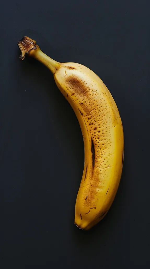 A single ripe banana lies on a dark gray surface.  The banana is yellow with brown spots and a slightly wrinkled peel. The light illuminates the banana, creating a shadow behind it. The image is simple and focuses on the subject.