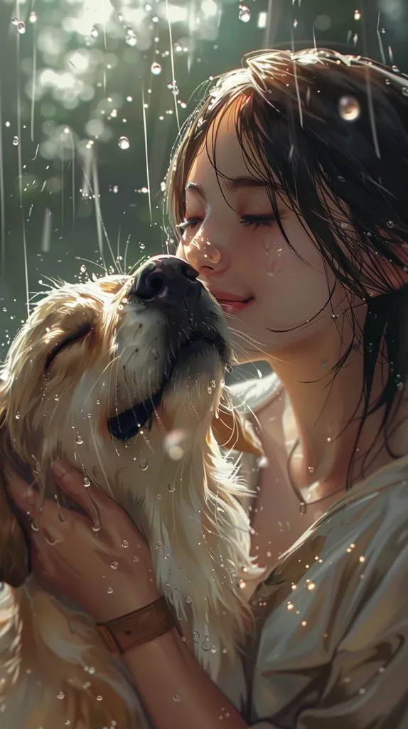 A young woman with long dark hair is embracing a golden retriever. Rain falls around them, creating a romantic atmosphere. The woman's eyes are closed and she is smiling gently, as if enjoying the moment. The dog's head is tilted up, gazing at the woman with adoration. The overall feeling is one of love and companionship in the midst of nature's beauty.