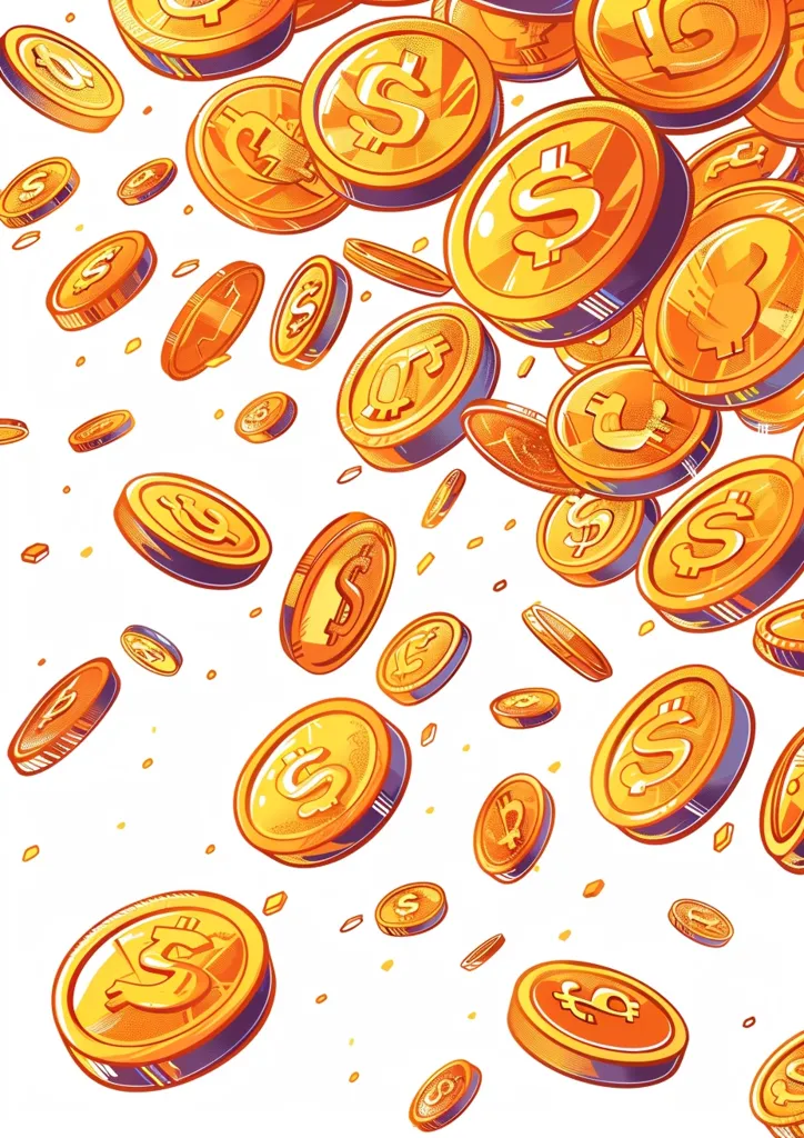 The image shows a cartoon-style depiction of a shower of gold coins falling against a white background. The coins are round with a dollar sign imprinted on them, and the design is vibrant and colorful. The coins appear to be falling from the top of the image, creating a sense of abundance and prosperity.  The image is playful and whimsical, with a bright and cheerful color scheme.