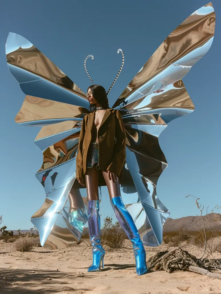 A woman stands in a desert landscape, wearing a brown blazer and thigh-high blue boots. Behind her is a large, mirrored butterfly sculpture that reflects the surrounding environment, creating an ethereal and otherworldly effect. The woman's pose and the sculpture's design evoke a sense of power and beauty.