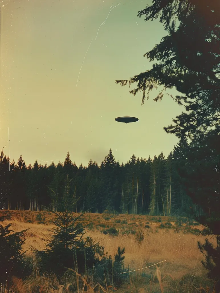 A blurry, vintage-style photo of a forest with a single, dark UFO flying high above the trees in a pale sky. The photo has a grainy texture, suggesting it was taken with an old camera or developed in an old-fashioned manner.  A single tree in the foreground dominates the bottom half of the frame.  The woods are dark and mysterious in the background.