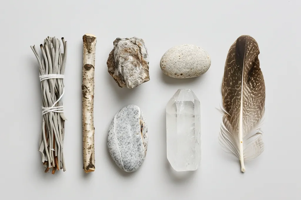 The image depicts a collection of natural elements arranged on a light grey surface. It features a bundle of dried sage, a piece of birch bark, a rough rock, a smooth river stone, a clear quartz crystal, and a brown and white feather. The objects are placed in a neat row, creating a sense of balance and harmony. The neutral colors and simple composition evoke a feeling of tranquility and nature.