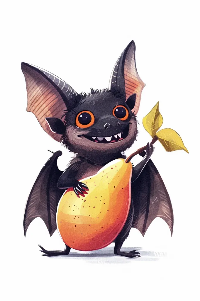 A cartoon bat with large, orange eyes and a wide grin holds a pear in its arms. The bat is black with brown ears and wings. It is smiling and looking at the viewer. The pear is yellow and orange.  The illustration has a playful, whimsical feel.