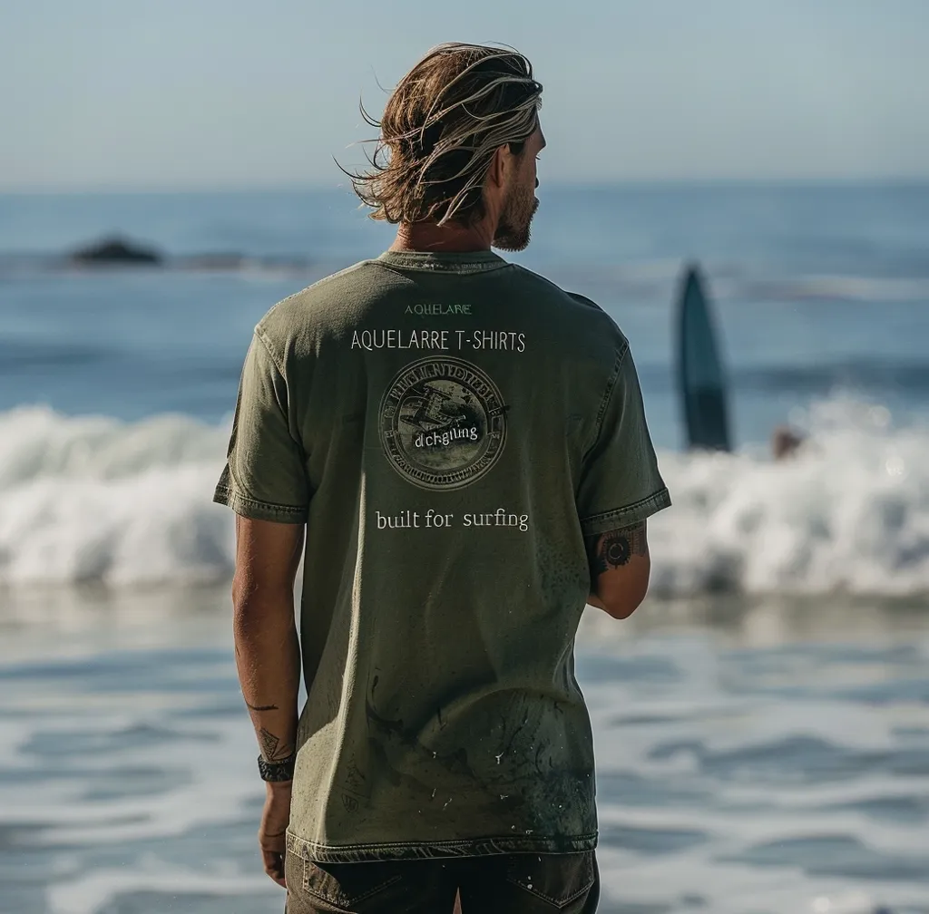 A man with long, blonde hair stands on a beach, facing the ocean. He is wearing a green t-shirt with the words "Aquelarree T-Shirts" and "built for surfing" printed on it. A surfboard and a person in the water are blurred in the background. The sky is blue and the water is a light turquoise.  The image evokes a sense of tranquility and relaxation.