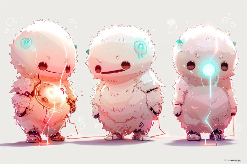 The image depicts three fluffy, white, cartoon creatures with large, expressive eyes. Each has a unique glowing feature, the first a glowing orb on its chest, the second a glowing spot on its forehead, and the third a glowing orb and trail on its face. They stand on a light pink background, their expressions varying from happy to curious to neutral. The image is stylized with soft colors and rounded edges.