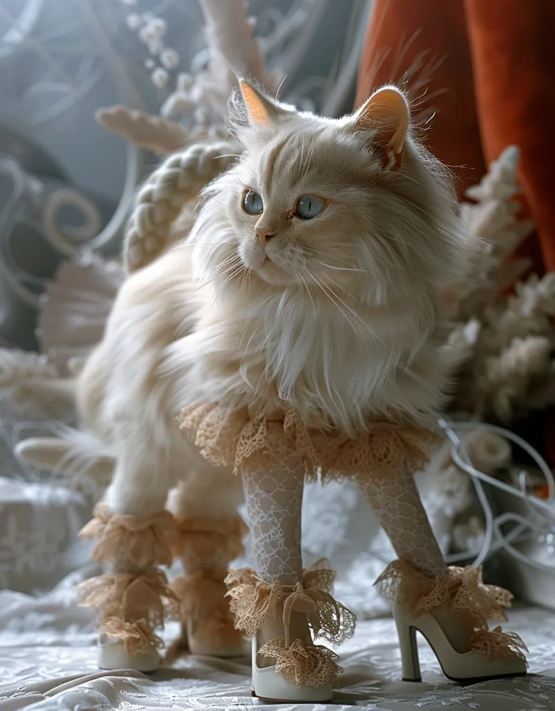 A fluffy white cat with piercing blue eyes is dressed in a delicate lace outfit, complete with frilly stockings and high-heeled shoes. The cat stands on a white surface, looking slightly to the left, creating a whimsical and stylish image.  The soft lighting and intricate details of the outfit emphasize the cat's elegance and charm.