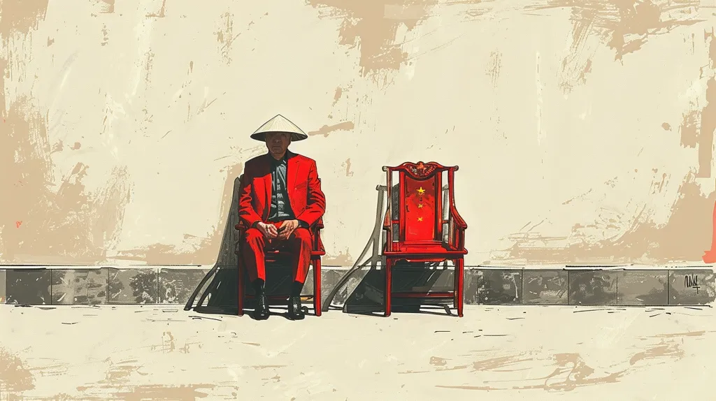 A man in a red suit and a conical hat sits on a red chair in front of a plain white wall.  To his right, another red chair sits empty.  The chairs have elaborate carvings on their backs, and the empty chair has the Chinese flag painted on the back.  The scene is stylized and suggests a sense of isolation or waiting.