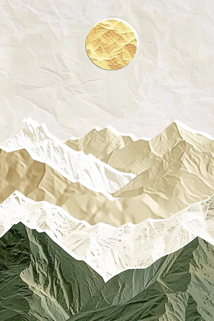 The image is a collage of textured paper in shades of green and white. It depicts a mountain range with a golden sun above it. The use of different textures adds depth and dimension to the artwork, creating a visually interesting and abstract representation of nature. The colors and materials evoke a sense of calm and serenity.