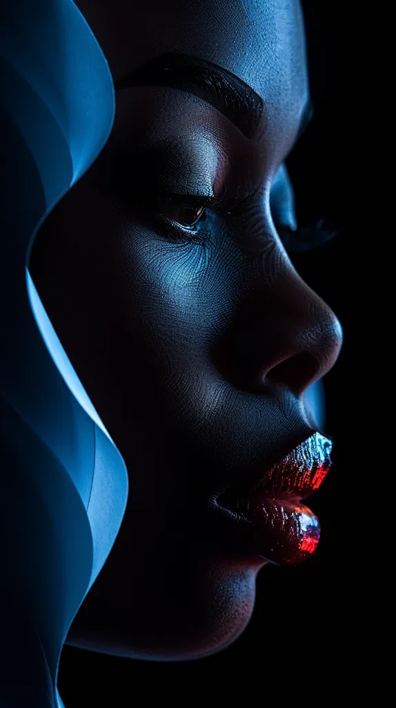 A close-up shot of a person's face, illuminated by blue light, with the focus on the eye and lips. The person's lips are painted in a vibrant red and blue, adding a pop of color to the otherwise dark and mysterious image. The blue light casts shadows on the face, adding depth and intrigue. The image is stark, evocative, and suggestive of a story waiting to be told.