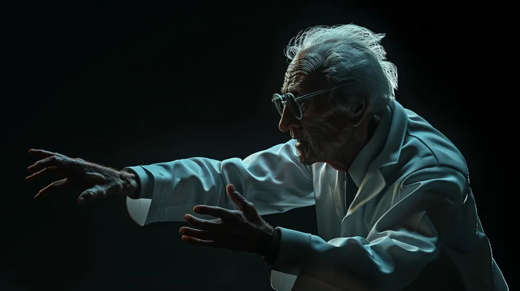 An elderly man with white hair and a white lab coat, wearing glasses, is reaching out with his left hand, his right hand is in front of him, his face is in profile and he appears to be concentrating on something. He is in a dark space with some light behind him.  He looks serious and intense.  He could be a scientist or someone working in a lab.  The image is dramatic and mysterious.