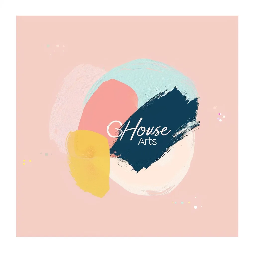 The image is a minimalist design with a pink background. It features a circle made up of abstract shapes in shades of yellow, pink, blue, and white. A large, dark blue brushstroke covers part of the circle and the words "House Arts" are written in white on the brushstroke.  The image is simple, but visually appealing and suggests a modern and artistic brand.  There are also small, colorful dots scattered around the image.