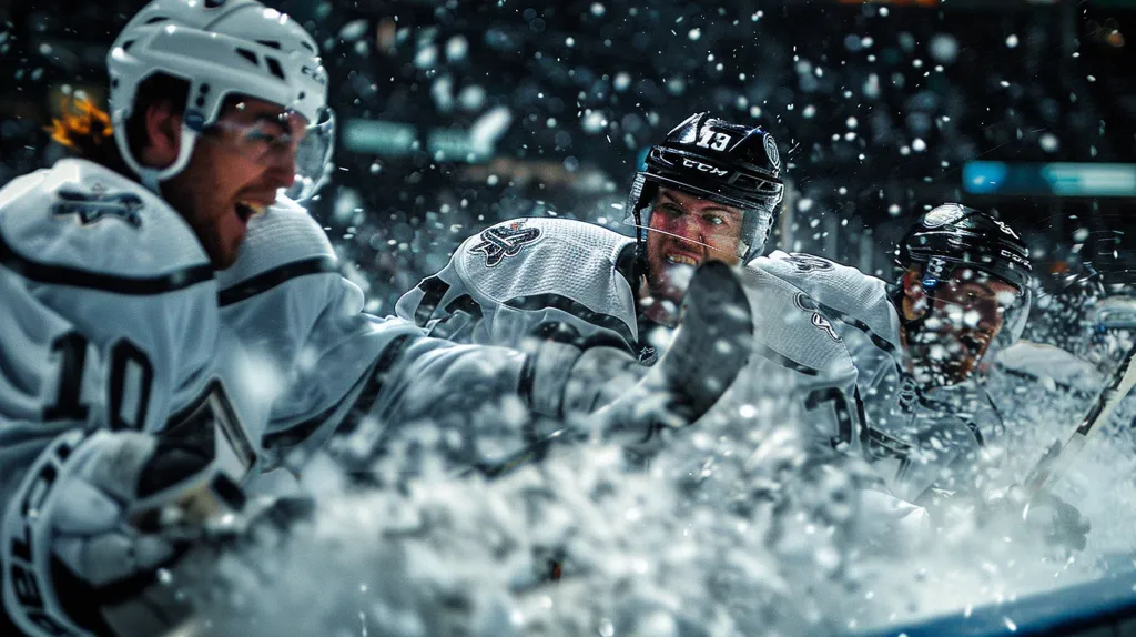 A hockey player, wearing a white jersey with black accents and the number 10, celebrates a goal with his teammates. Water sprays from the ice as they all raise their sticks in the air, their faces obscured by their helmets and the spray. The image captures the intensity and excitement of the game.  The blurred background suggests the fast pace of the action.