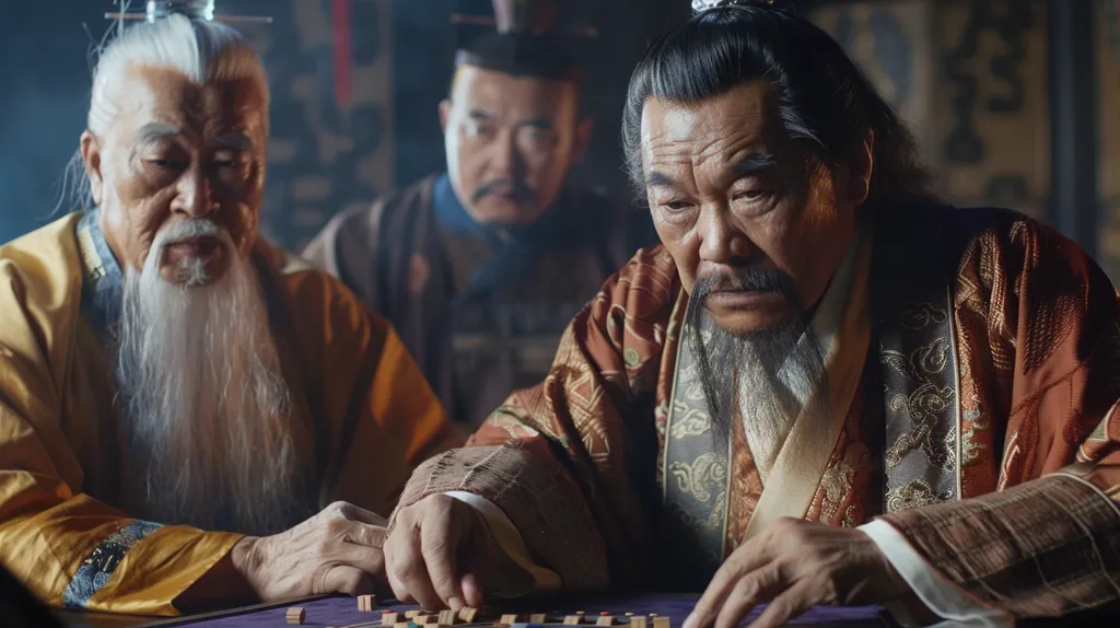 Three elderly men dressed in traditional Chinese clothing are playing a game.  The man in the center is wearing a dark red robe with intricate embroidery and is looking intently at the game board.  He has a long white beard and a serious expression.  The man on the left is wearing a yellow robe and has a long white beard that flows down his chest. The man on the right is wearing a blue robe and has a shorter beard.  They are all sitting at a table with a game board in front of them.  The image is dimly lit, creating a sense of mystery and intrigue.