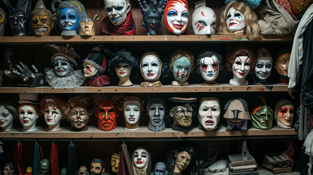 A shelf displays a collection of unique and elaborate masks, each with its own personality and expression. Some are painted, others are carved, and all are intriguing.  The masks create a sense of mystery and intrigue, as if they are watching you from behind the shelves.  A few items hang from the shelf, adding to the intriguing atmosphere.  The scene has an air of mystery and creativity.
