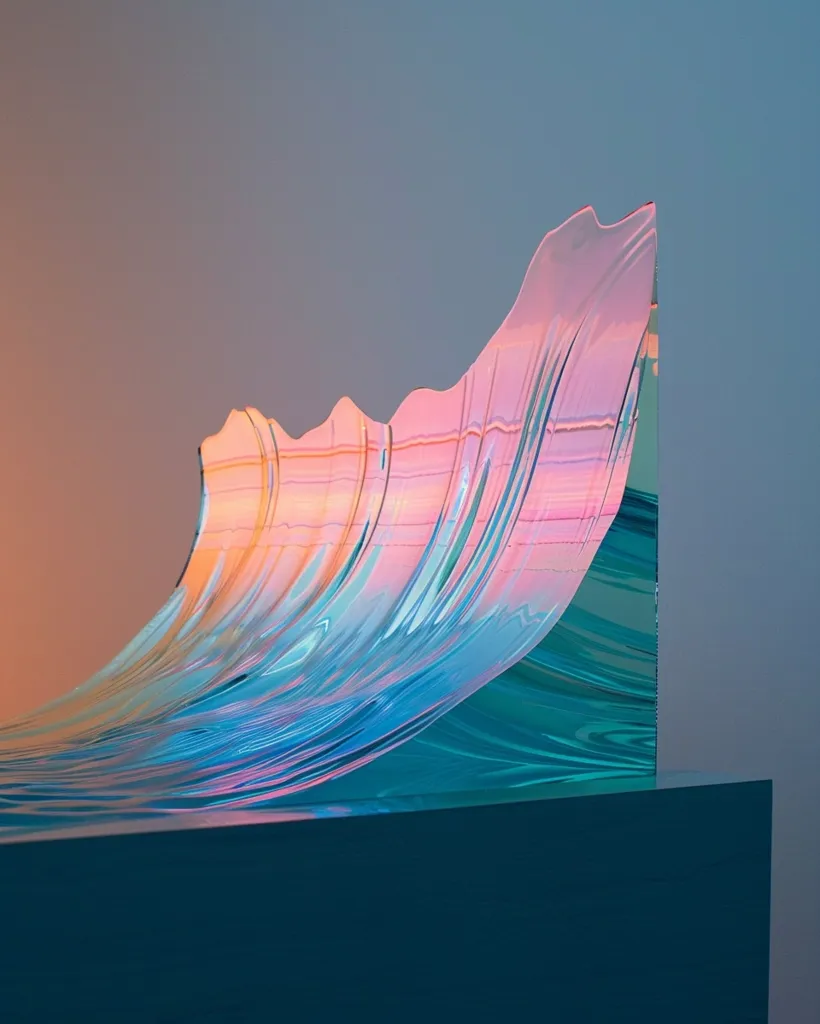 A large, abstract sculpture made of iridescent glass is positioned on a dark blue platform. The sculpture resembles a wave, with its form flowing and dynamic, capturing the movement and energy of water. The glass reflects light, creating a shimmering effect, and the colors of the sculpture shift and change depending on the angle of the light. The sculpture is both elegant and playful, and it draws the eye with its beauty and intrigue.