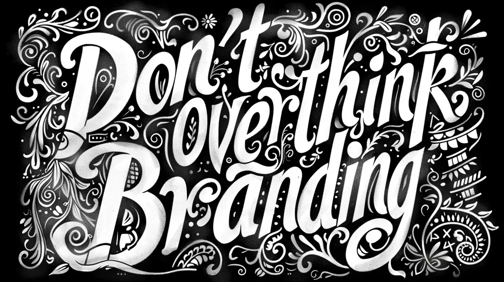 The image is a black and white graphic design with the phrase "Don't overthink branding" written in a stylized font. The words are surrounded by ornate swirls and floral designs. The image has a vintage, hand-drawn feel.  The message is a reminder to focus on the core of branding and not get bogged down in details.