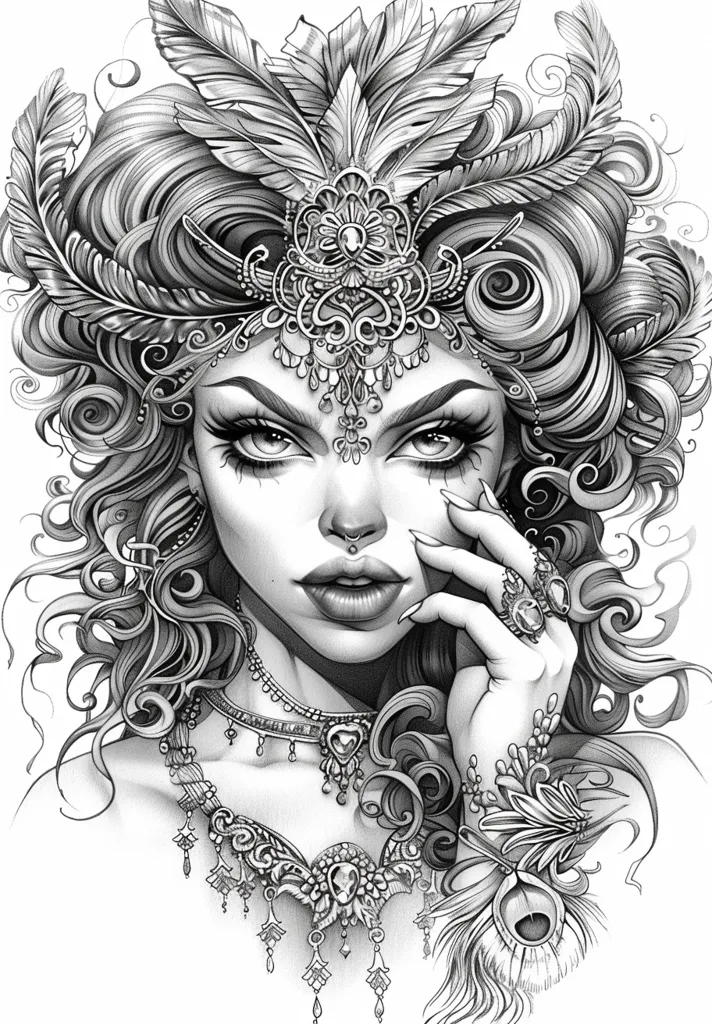 The image is a black and white drawing of a woman with intricate, flowing hair adorned with feathers and ornate jewelry. She has a piercing gaze and is wearing a large, ornate necklace. The image is highly detailed and the artist has captured the woman's beauty and grace in a striking way.  Her hand delicately rests on her chin, creating a sense of contemplation.  Her expression is a mix of confidence and mystery.