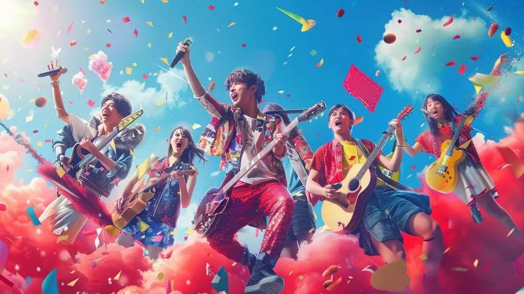 A band of five young people is performing on a stage made of fluffy pink clouds. They are singing and playing various instruments while confetti and colorful objects fall from the sky. The lead singer is wearing a colorful shirt and red pants, while the other band members are dressed in a variety of casual outfits. The sky is bright blue, with fluffy white clouds in the background. The scene is filled with energy and excitement, suggesting a live performance or a music video.