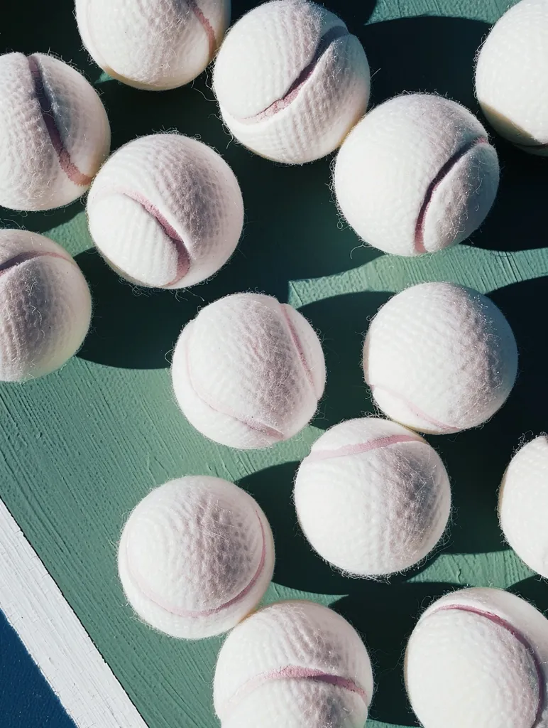 A collection of white tennis balls with a pink seam are scattered on a green surface. The balls are arranged in a random pattern, with some overlapping. A white line partially cuts through the image, suggesting a tennis court. The composition creates a visually appealing and sporty image.