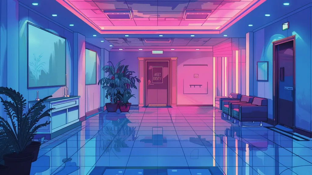 The image depicts a long, narrow hallway in an office building. The walls are painted in a pale blue hue, and the floor is tiled in a contrasting blue. A large door stands at the end of the hallway, illuminated by fluorescent lighting. The hallway is decorated with potted plants and several chairs. The overall effect of the image is one of cool, sterile modernity.