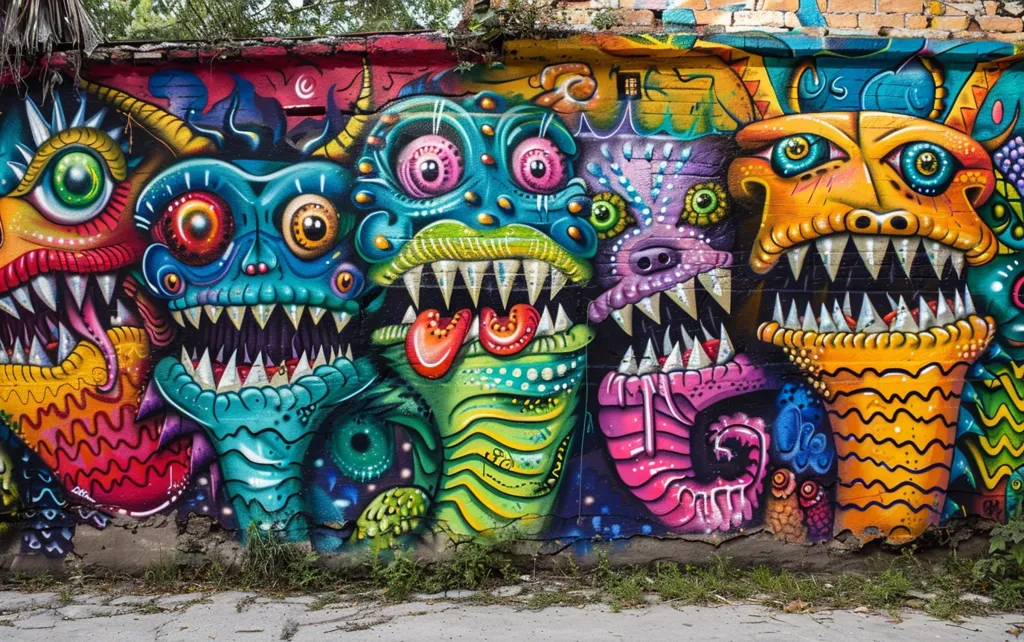A brick wall is covered in a vibrant and intricate graffiti mural. The artwork features several cartoon-like monster faces with large eyes, sharp teeth, and swirling patterns. The colors are bright and saturated, including shades of red, blue, green, yellow, and purple. The graffiti adds a whimsical and playful touch to the urban environment.