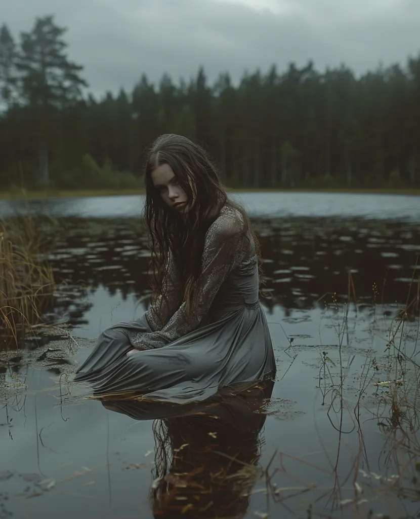 A young woman with long dark hair sits in a still, murky lake. She is wearing a long, grey dress and her gaze is somber as she stares off into the distance.  Behind her, a dark forest of trees stands against a stormy sky, giving the image a somber and mysterious mood.