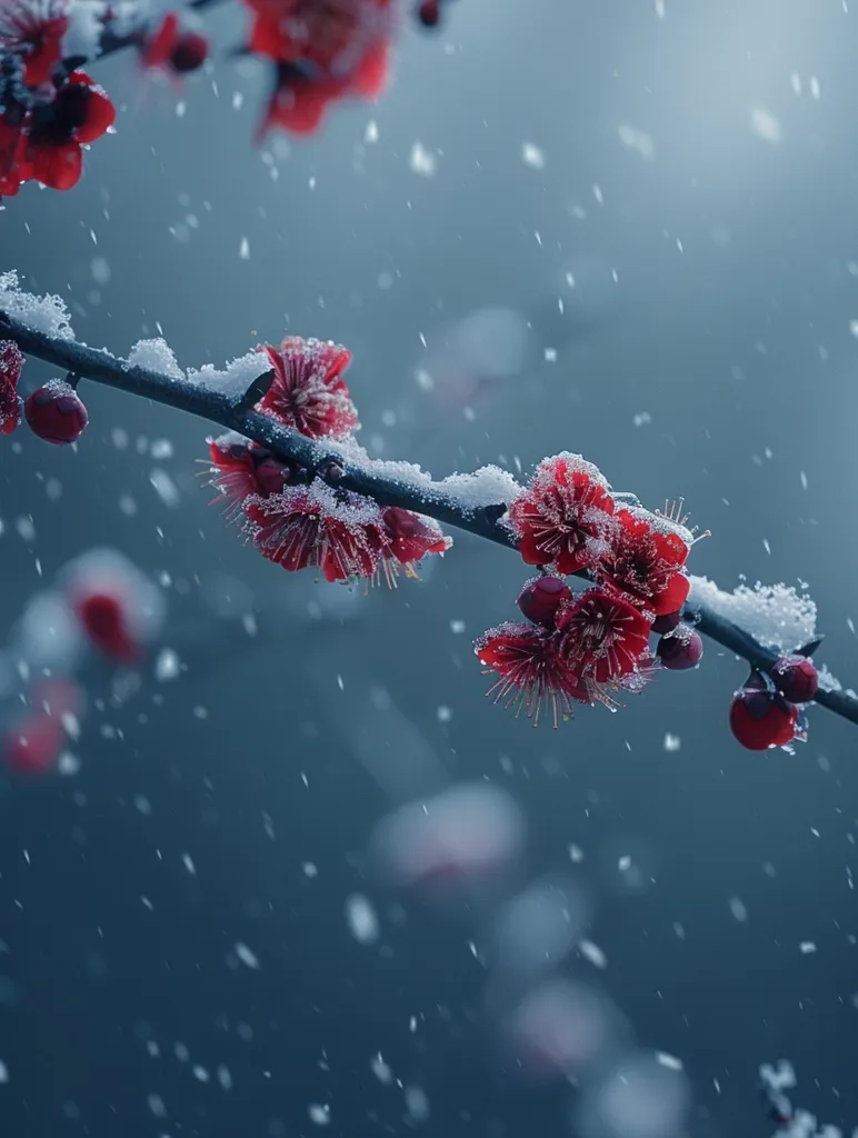 A branch of delicate red flowers, covered in snow, hangs against a softly blurred, blue background. The snowfall creates a gentle, romantic atmosphere. The contrast between the vibrant red flowers and the soft white snow creates a beautiful visual effect.  The image evokes a sense of winter beauty and resilience.