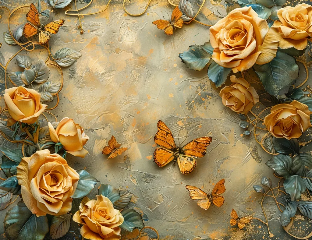 A delicate arrangement of yellow roses and butterflies on a textured, gold-toned background.  The roses are in various stages of bloom, with some fully open and others in bud.  The butterflies are all in flight, with their wings outstretched.  The overall effect is one of elegance and beauty.